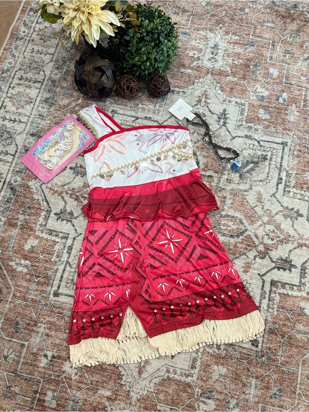 Girls Pink & Red Printed One-Piece Romper with Fringe